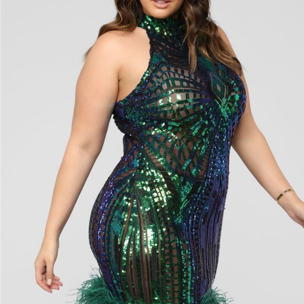 Fashion Nova Mermaid Sequins Dress with Feather Hem Detail